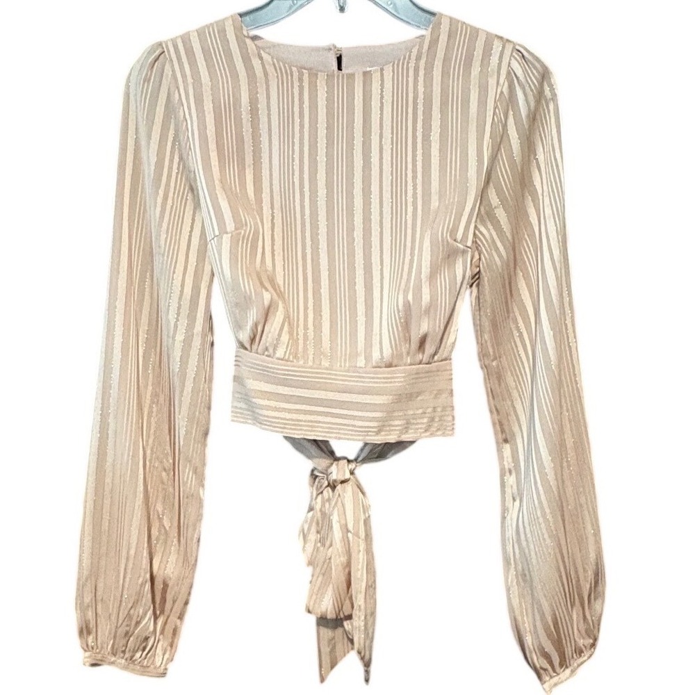 HYFVE Striped Metallic Crop Tie Open Back Blouse Shirt Women's Size Small - Picture 2 of 9
